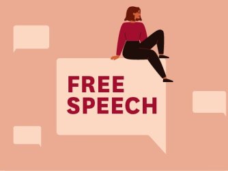 illustration of a woman sitting on a comment box that says "free speech"