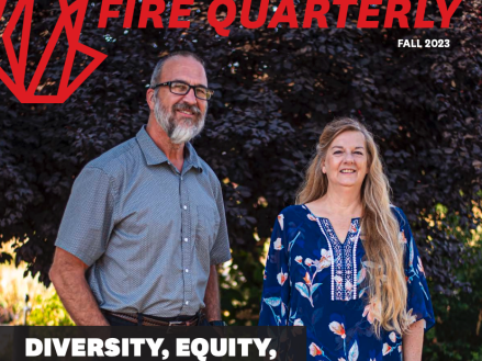 Cover of the fall edition of the FIRE Quarterly magazine, featuring two California professors standing outdoors with the title, "Diversity, Equity, and ... Exclusion?"