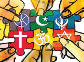 World religions represented as puzzle pieces being put together by hands with different skin colors