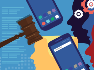 Graphic of a gavel, two smartphones, and the silhouettes of heads 